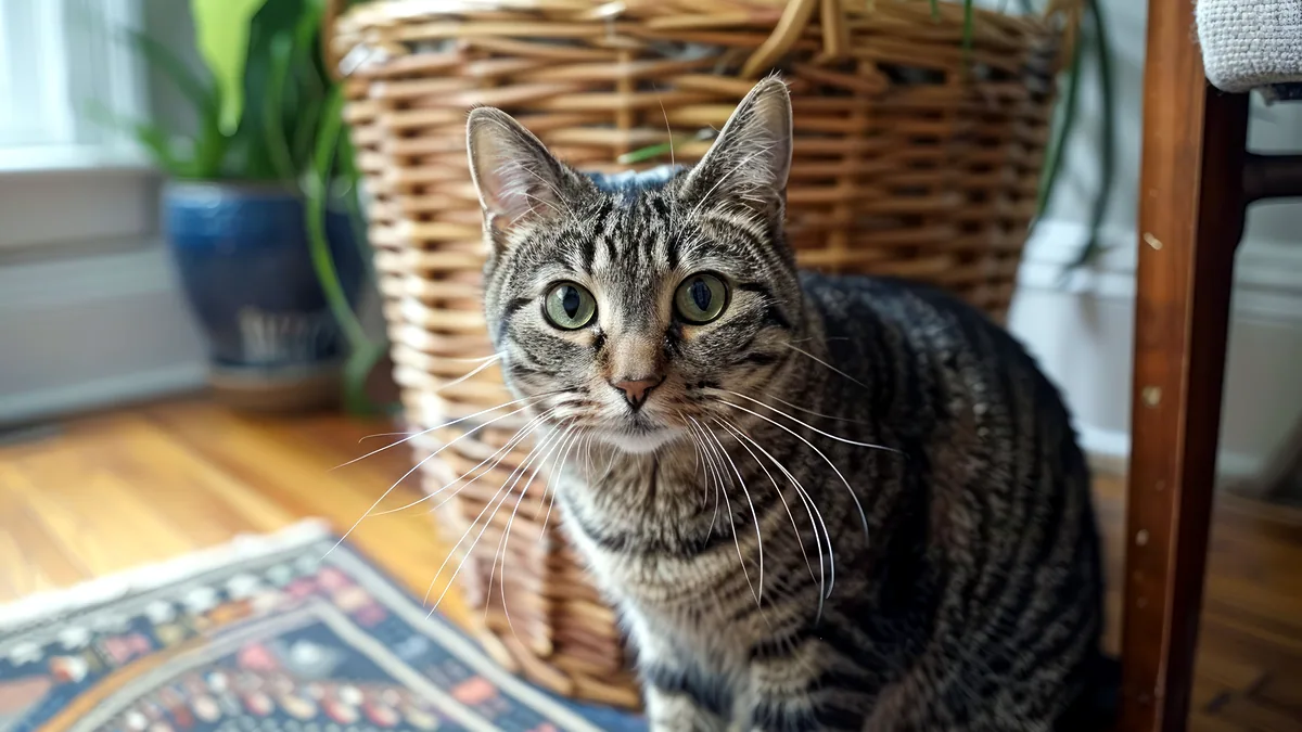 Un gato atigrado de rayas oscuras sentado sobre una rama.