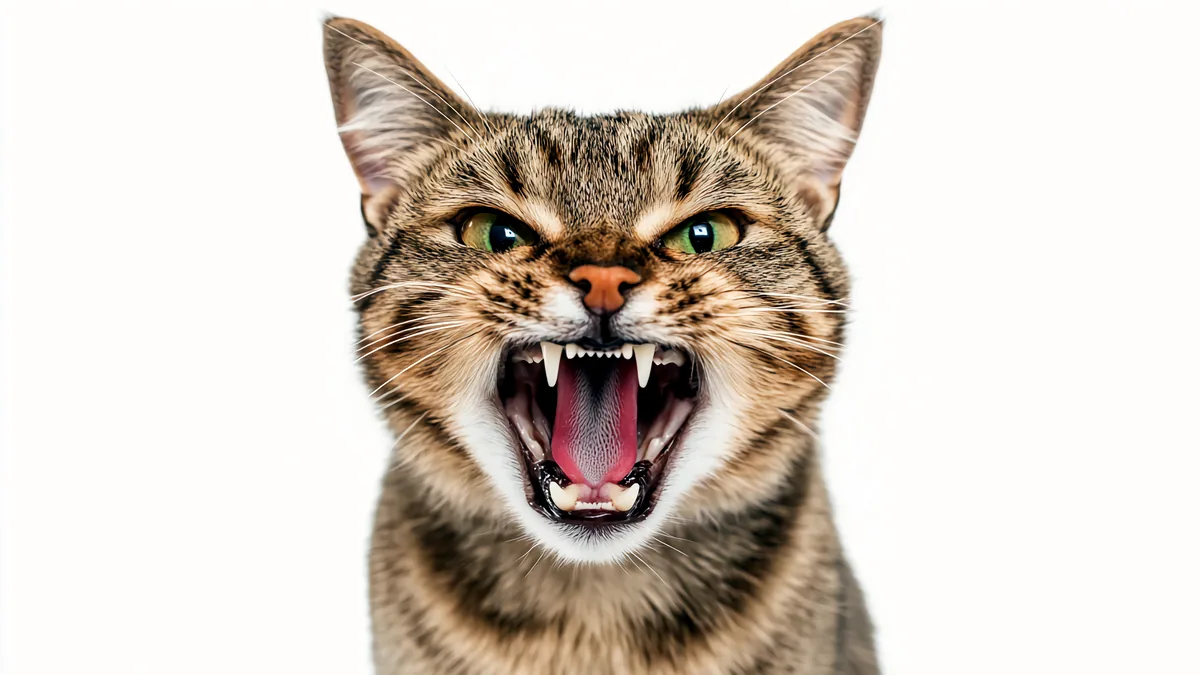 Un gato con las orejas planas y los ojos entrecerrados.