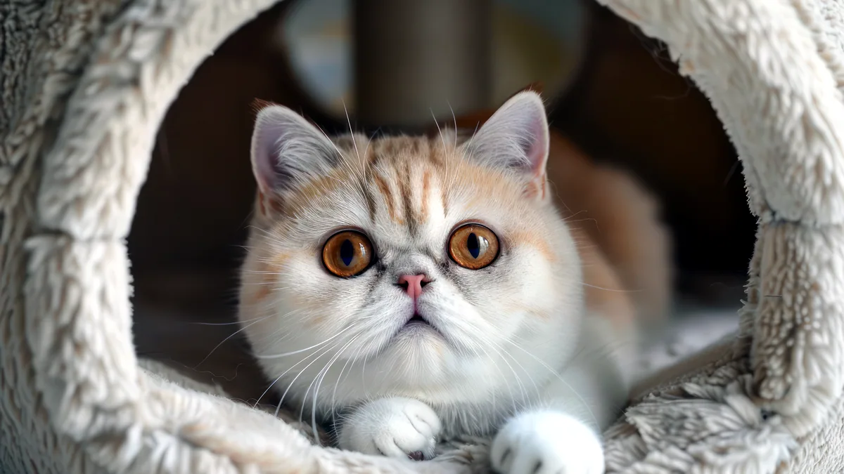 Un gato exótico de pelo corto y cara redonda mirando a la cámara.