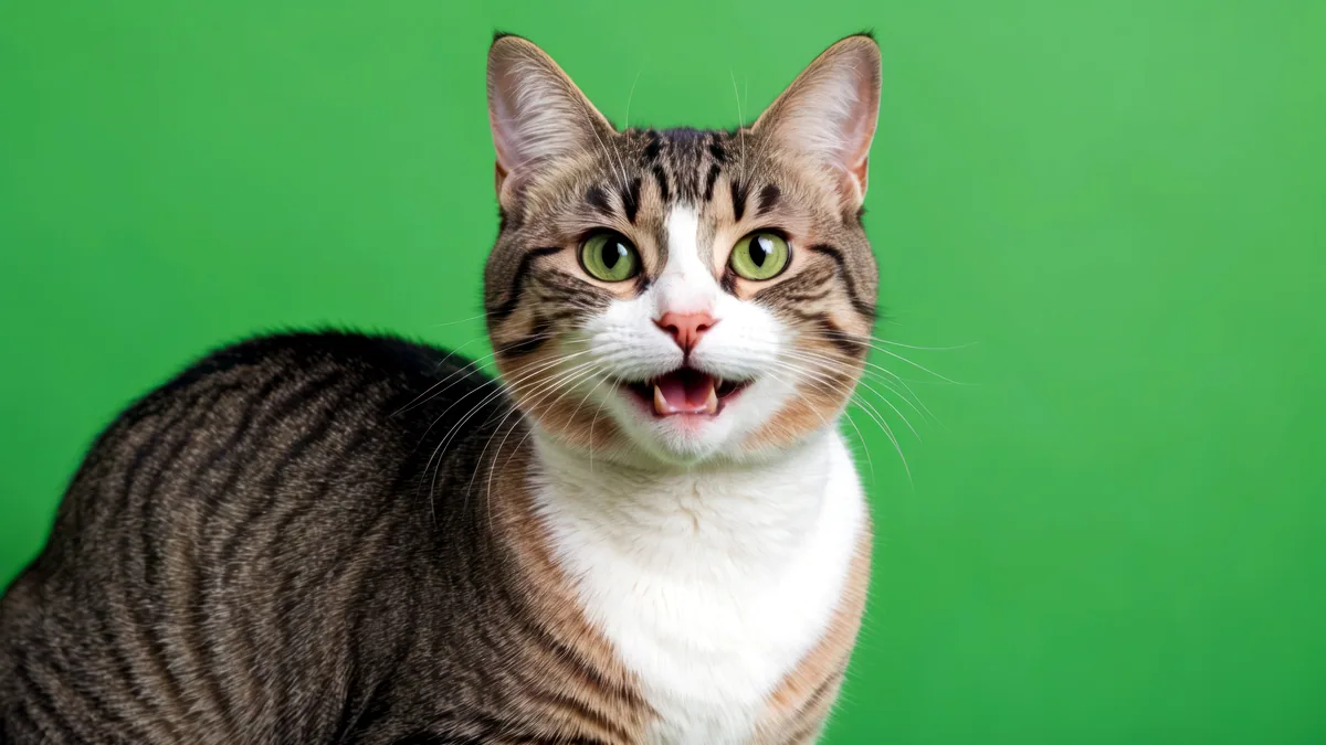 Un gato con la boca ligeramente abierta como si sonriera.