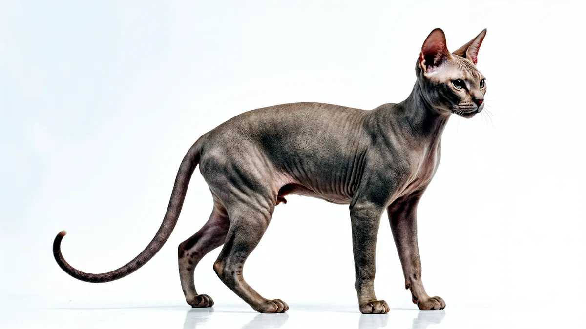 Un gato delgadísimo de pie en perfil mostrando su esbeltez.
