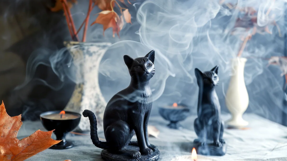 Un gato sentado al lado de una varilla de incienso con el humo en espiral.