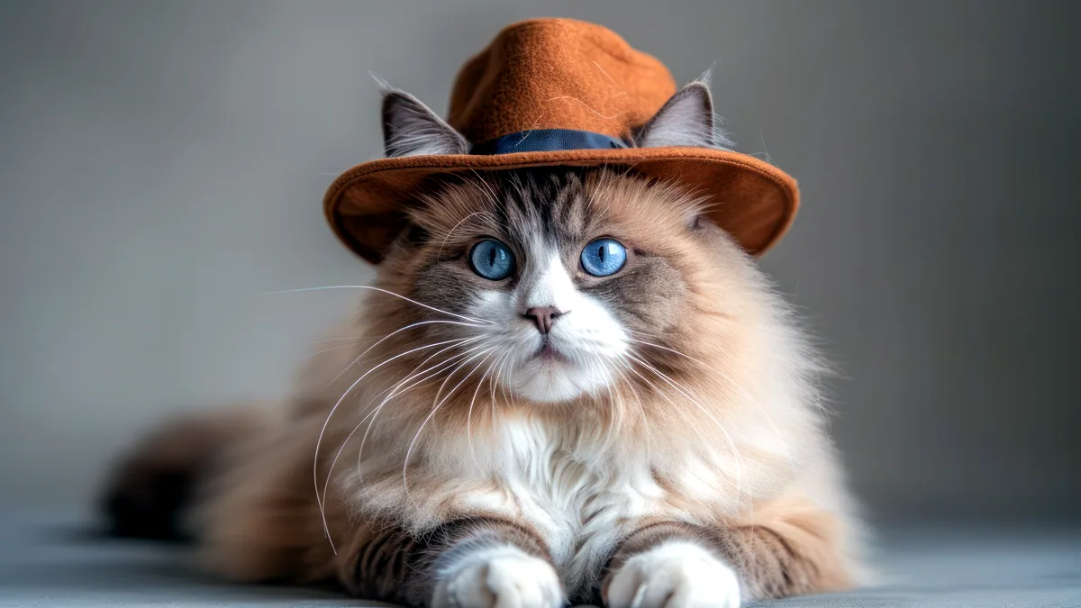 Un gato con una boina diminuta posada sobre la cabeza.