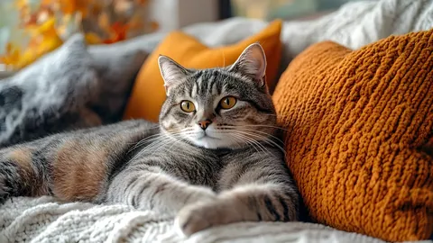 Un gato descansando en un sofá de tela en una sala cálida.