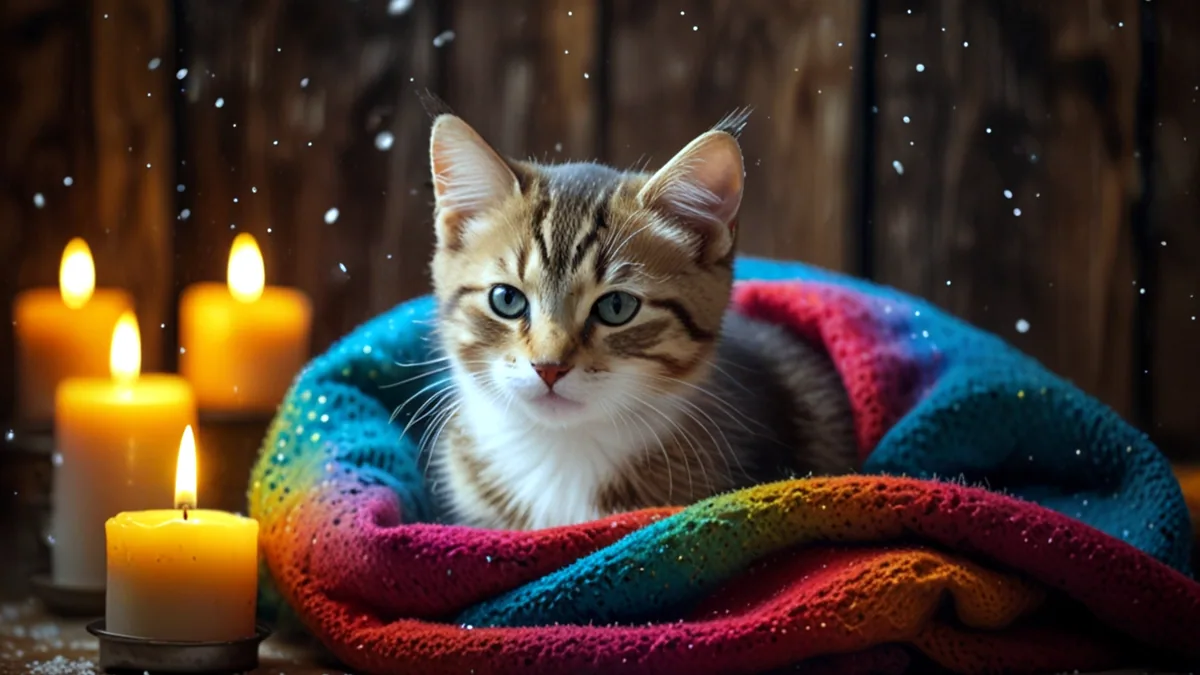 Un gato enrollado en una manta suave ronroneando en paz.