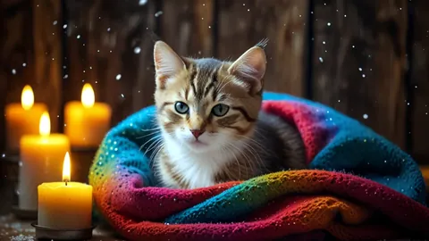 Un gato enrollado en una manta suave ronroneando en paz.