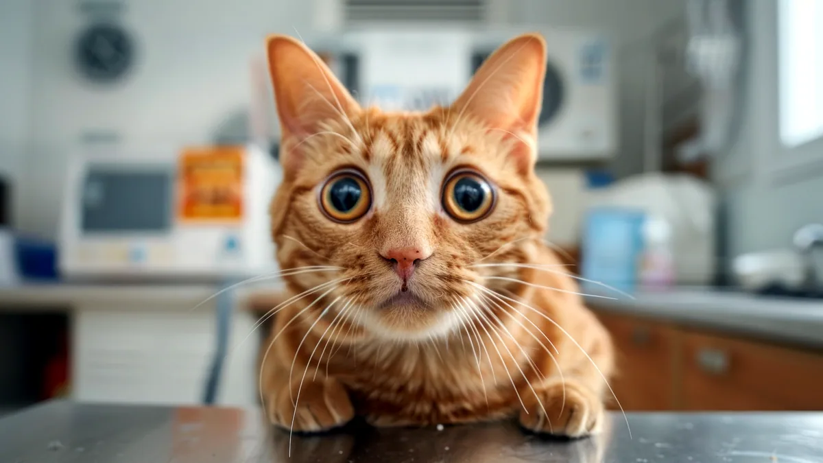 Un gato con una expresión cómica mirando fijamente a la cámara.