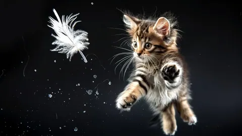 Un gato persiguiendo una pluma de juguete por el suelo de madera.
